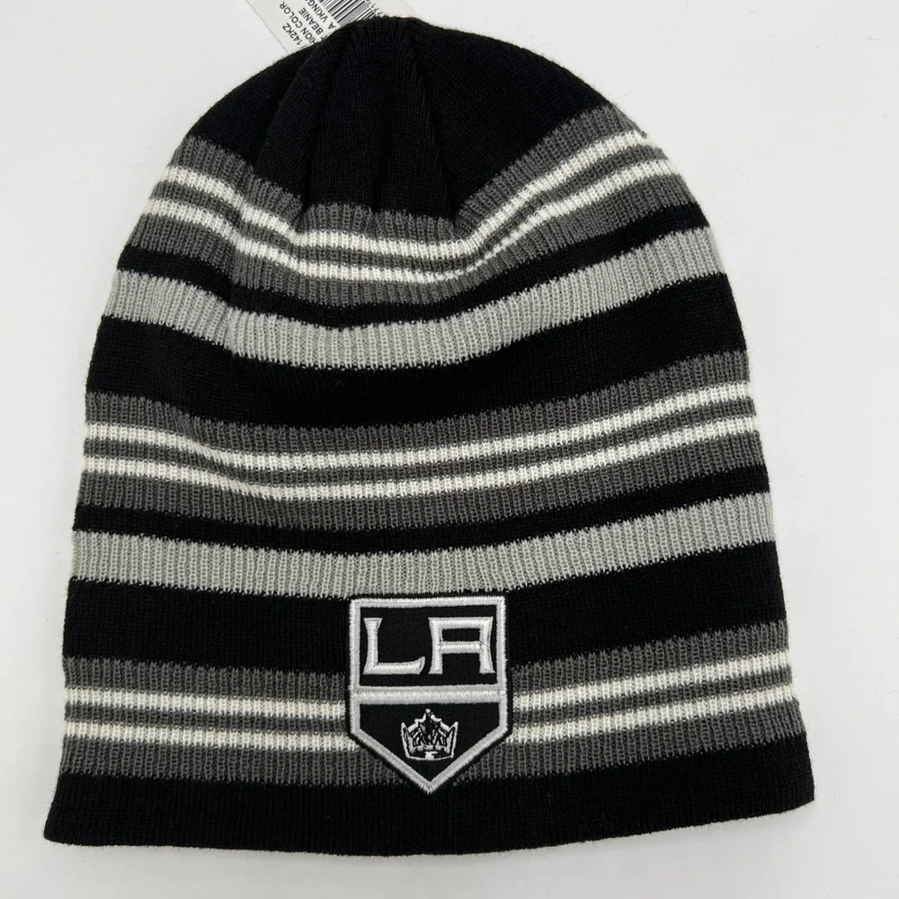 Adidas NHL LA Kings Striped Beanie Hat Black Grey White OSFM New